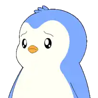 a blue and white penguin with a sad look on his face