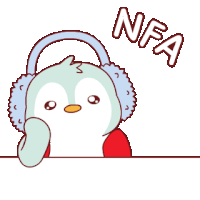 a penguin wearing ear muffs is holding a sign with a cross on it that says nfa