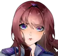 a drawing of a girl with purple eyes and the letters a and b on her shoulder