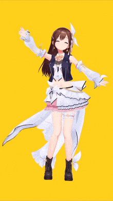 a girl in a white dress is dancing with her arms outstretched on a yellow background