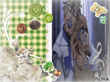 a picture of a man with buttons and flowers with the word picmix on the bottom