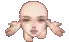 a pixel art of a woman 's face with a bald head and a pair of hands covering her ears .
