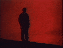 a silhouette of a man and a woman standing in front of a red background