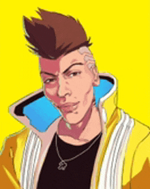 a cartoon of a man wearing a yellow jacket and a necklace