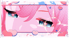 a close up of a girl 's eyes with a pink background