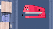 a red stapler with a surprised face is flying in the air