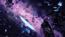 a purple and blue background with a person holding a sword in the foreground