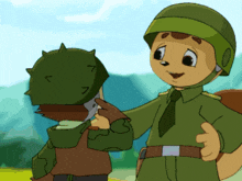 a cartoon of two soldiers one wearing a helmet with spikes on it