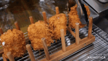 fried food on a rack that says made in animotica on the bottom