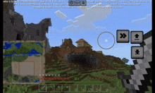 a screenshot of a minecraft game showing a house on a hill