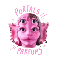 a pink face with three eyes and the words portals parfums written around it