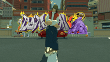 a cartoon character is standing in front of a wall that has graffiti on it that says ' a ' on it