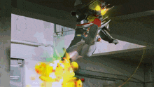 a cartoon character is flying through the air with a huge explosion behind him
