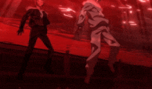 two anime characters standing next to each other in a red room