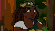 a cartoon character is wearing a camouflage hat with a white star on it
