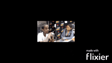 a man and a woman are sitting in front of a microphone in a flixier video