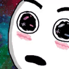 a close up of a cartoon character 's face with a galaxy in the background .