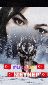 a picture of a wolf and a woman with the name zeynep on it