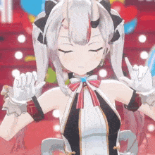 a 3d anime girl with white hair and horns is making a peace sign .