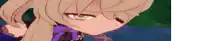 a close up of a cartoon character 's face with a purple outfit .