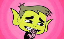 a cartoon character with a pink background is smiling and holding his hand to his mouth