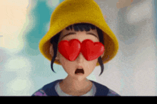a cartoon character wearing a yellow hat and heart shaped sunglasses .