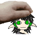 a hand is holding a cartoon character 's head .