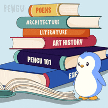 a penguin is standing in front of a stack of books including penguin 101