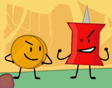 a coin and a pin are standing next to each other and smiling .