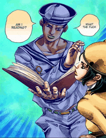 a cartoon of a man reading a book while a woman says " am i reading "