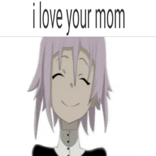 a picture of a girl with purple hair and the words i love your mom above her