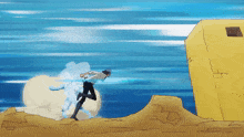 a cartoon drawing of a man running in front of a yellow building with the number 4 on it