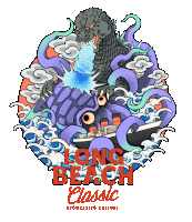 a poster for long beach classic showcasing culture with a monster and a ship