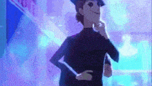 a cartoon character is standing in a dark room with a purple background .