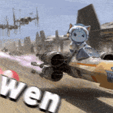 a picture of a cat riding a star wars x-wing fighter
