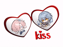 two hearts with a girl and a boy on them and the word kiss below them