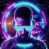 a man wearing a pair of futuristic glasses with the word bat written on it