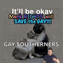 a picture of two cats hugging with the caption it 'll be okay men 's rights will save the day