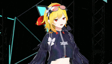 a yellow haired anime girl wearing sunglasses and a red bow