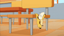 a cartoon squirrel is holding a banana on a chair