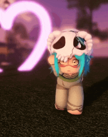 a cartoon character with blue hair and a skull hat