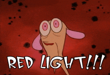 a cartoon character with a big smile and the words red light