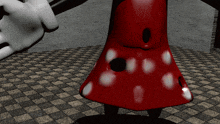 a cartoon character with a red and white polka dot dress is standing on a checkered floor