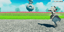 a girl in a maid outfit is dancing in front of a statue and a twitter logo