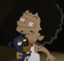 a cartoon character is holding a stuffed animal and making a face
