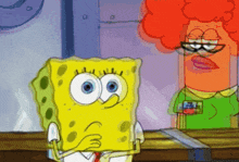 a cartoon of spongebob and a red haired woman