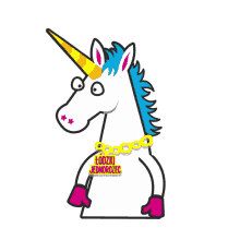 a cartoon unicorn with lodzki jednorozec written on it 's chest