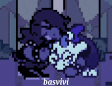 a pixel art drawing of a person with the word basvivi below them