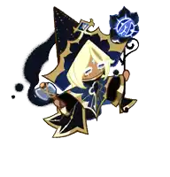 a cartoon character is wearing a black and gold costume and holding a blue flower .
