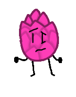 a drawing of a pink flower with arms and legs making a sad face